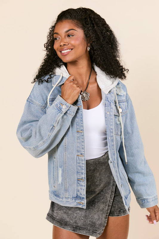 Pink Lily Parker Light Wash Hooded Denim Jacket
