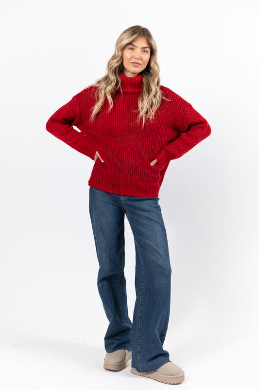 Pink Lily What I Need Red Fuzzy Oversized Turtleneck Sweater FINAL SALE