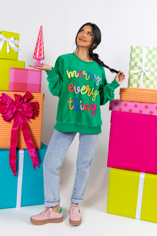 Pink Lily Merry Everything Green Multi Corded Embroidered Sweatshirt